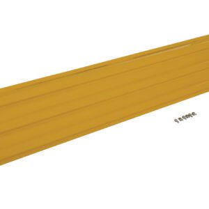 The Vestil Bolt-On Style Guard Rail 10 Ft Yellow is a long, narrow wall-mounted panel with horizontal ridges, supplied with five screws and anchors. Its ideal for storage, organization, or display.