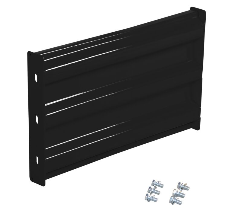 The Vestil Bolt-On Style Guard Rail 2 Ft in black has multiple horizontal ridges, edge-mounted holes, and comes with six silver screws and washers neatly arranged for easy installation.