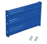A metal bracket with ridges and drilled holes on one side resembles the Vestil Bolt-On Style Guard Rail 2 Ft Blue. It includes screws and nuts beside it.