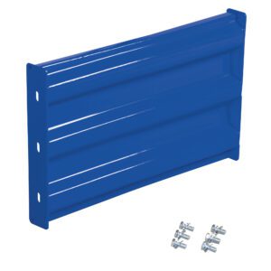 A metal bracket with ridges and drilled holes on one side resembles the Vestil Bolt-On Style Guard Rail 2 Ft Blue. It includes screws and nuts beside it.