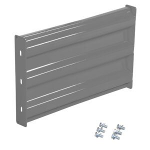 A 2 ft grey Vestil Bolt-On Style Guard Rail with four horizontal ridges lies flat, featuring side mounting holes and small screws in the bottom right corner. Its semi-gloss finish adds a sleek touch.
