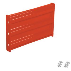 A metal shelf bracket in orange, similar to the sturdy Vestil Bolt-On Style Guard Rail 2 Ft Orange, has a ribbed design with two rows of holes on the left side. It includes screws and wall anchors on the right and stands upright against a white backdrop.