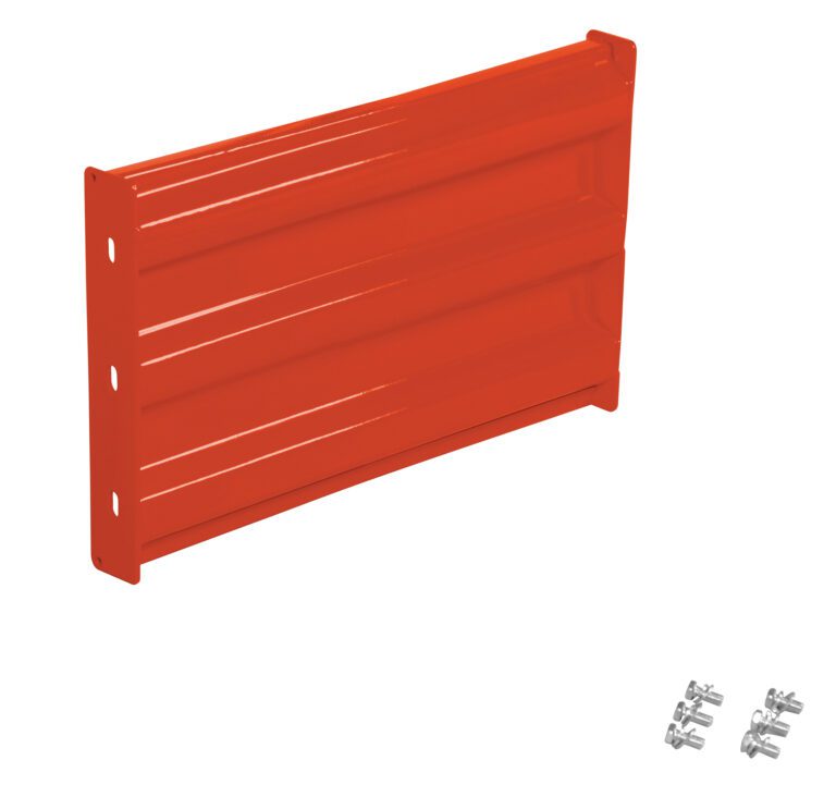 A metal shelf bracket in orange, similar to the sturdy Vestil Bolt-On Style Guard Rail 2 Ft Orange, has a ribbed design with two rows of holes on the left side. It includes screws and wall anchors on the right and stands upright against a white backdrop.