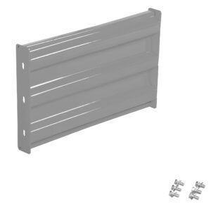 The Vestil Bolt-On Style Guard Rail, 2 Ft in silver, is shown against a white background. It features a reflective ridged metal panel with pre-drilled holes on the short side and includes four small mounting screws for easy installation.