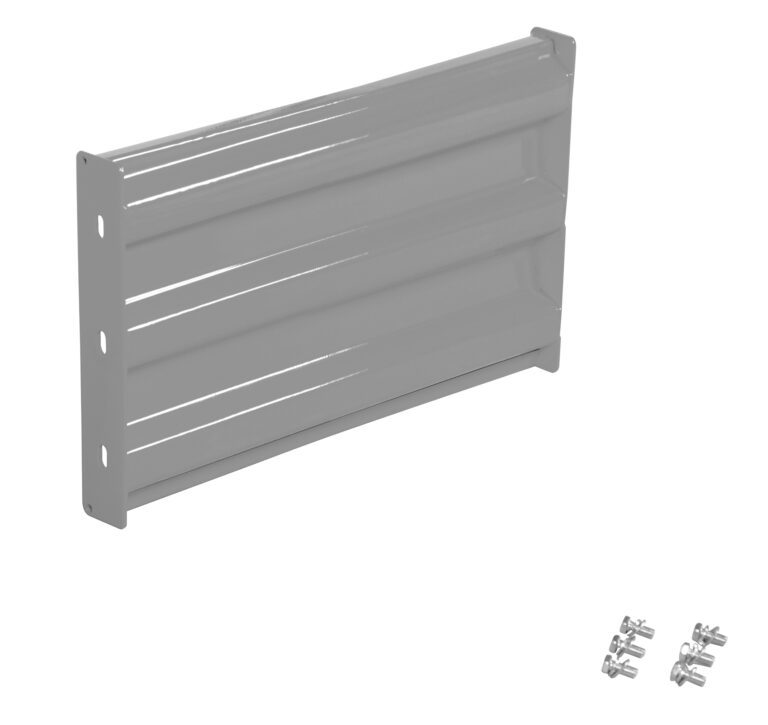 The Vestil Bolt-On Style Guard Rail, 2 Ft in silver, is shown against a white background. It features a reflective ridged metal panel with pre-drilled holes on the short side and includes four small mounting screws for easy installation.
