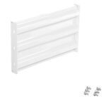 The white metal shelving bracket has screw holes on one side and three parallel grooves for strength. Its accompanied by six small screws, arranged in two groups of three, on a white background. It seamlessly complements the Vestil Bolt-On Style Guard Rail 2 Ft White setups.