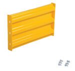 The Vestil Bolt-On Style Guard Rail 2 Ft Yellow has a unique wavy design, includes four sets of nuts and bolts for secure attachment, and features mounting holes on both ends for easy installation against a plain white background.