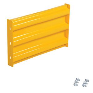 The Vestil Bolt-On Style Guard Rail 2 Ft Yellow has a unique wavy design, includes four sets of nuts and bolts for secure attachment, and features mounting holes on both ends for easy installation against a plain white background.