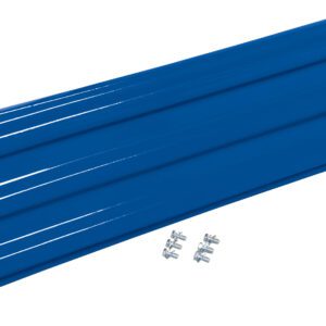 The Vestil Bolt-On Style Guard Rail 3 Ft Blue includes a ridged blue metal bracket with multiple mounting holes and six front silver screws, showcasing an angled design for depth and robust construction, ideal for secure installation.