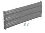The Vestil Bolt-On Style Guard Rail 3 Ft Gray Semi Gloss resembles a rectangular gray metal shelf bracket with a semi-gloss finish, featuring three horizontal grooves, mounting holes at both ends, and includes six screws for installation that are neatly arranged below.