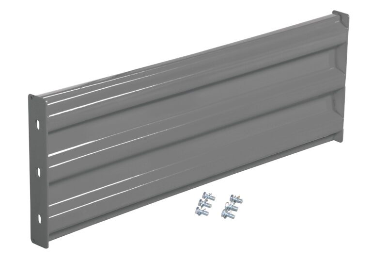 GR-F3R-BO-3-GYSG_A.jpg The Vestil Bolt-On Style Guard Rail 3 Ft Gray Semi Gloss resembles a rectangular gray metal shelf bracket with a semi-gloss finish, featuring three horizontal grooves, mounting holes at both ends, and includes six screws for installation that are neatly arranged below.
