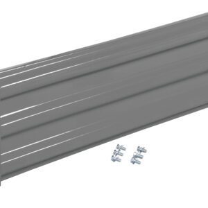 The Vestil Bolt-On Style Guard Rail 3 Ft Gray Semi Gloss resembles a rectangular gray metal shelf bracket with a semi-gloss finish, featuring three horizontal grooves, mounting holes at both ends, and includes six screws for installation that are neatly arranged below.