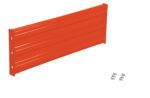 The Vestil Bolt-On Style Guard Rail 3 Ft in Orange, showcased on a white background, features vertical ridges on its panel. Four assembly screws are positioned to the right.