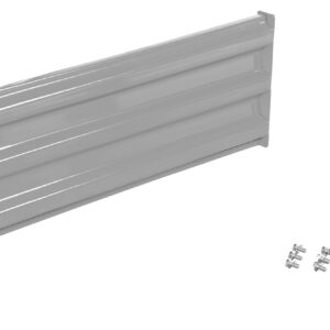A gray metal shelf bracket with a ribbed design is placed on a white background, reminiscent of the Vestil Bolt-On Style Guard Rail 3 Ft Silver. To the right, small screws are neatly grouped in two sets.