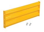 The Vestil Bolt-On Style Guard Rail 3 Ft Yellow has a ribbed surface and two vertical mounting holes at each end. It includes four silver screws for easy installation, making it a durable yellow metal wall protector.