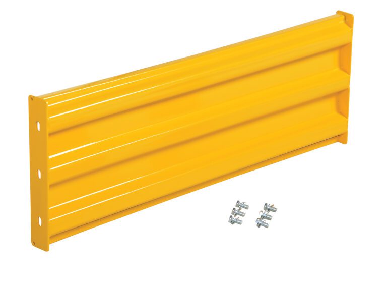GR-F3R-BO-3-YL_A.jpg The Vestil Bolt-On Style Guard Rail 3 Ft Yellow has a ribbed surface and two vertical mounting holes at each end. It includes four silver screws for easy installation, making it a durable yellow metal wall protector.
