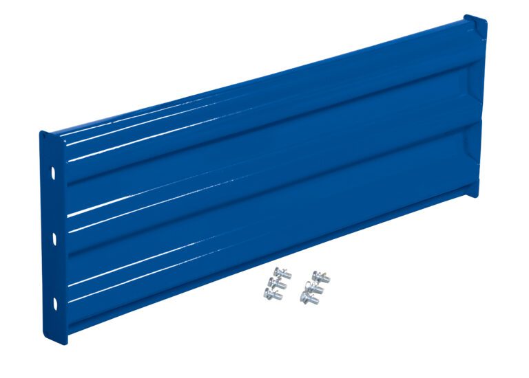 GR-F3R-BO-4-BU_A.jpg The Vestil Bolt-On Style Guard Rail 4 Ft Blue is a ribbed horizontal metal panel featuring four mounting holes on one side. It includes six screws for attachment, and its angled design highlights depth and structure.