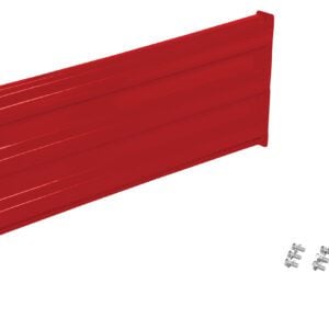 A red ribbed metal panel, similar to the Vestil Bolt-On Style Guard Rail 4 Ft Red, is on the left; six silver screws are arranged on the right against a white backdrop.