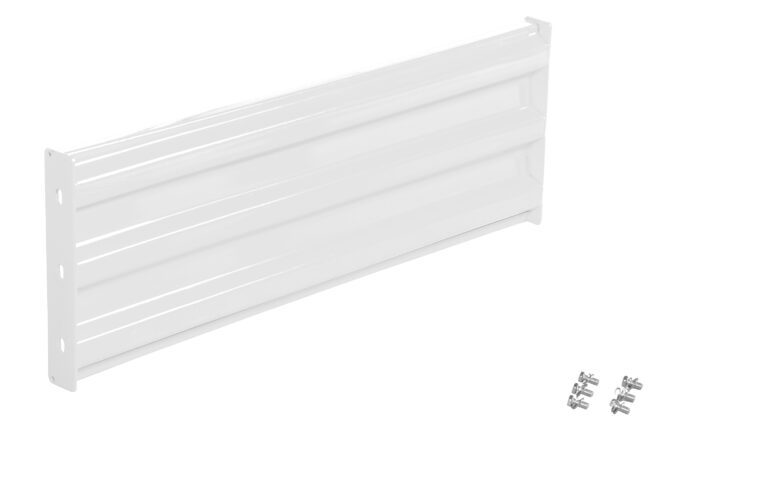 A white metal shelf bracket with a ribbed design is set against a white background, accompanied by six silver screws, reflecting the robust precision of the Vestil Bolt-On Style Guard Rail 4 Ft White.