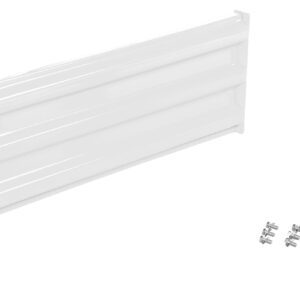 A white metal shelf bracket with a ribbed design is set against a white background, accompanied by six silver screws, reflecting the robust precision of the Vestil Bolt-On Style Guard Rail 4 Ft White.