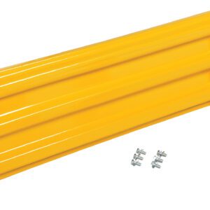 The Vestil Bolt-On Style Guard Rail 4 Ft Yellow, featuring horizontal ridges, is prominently displayed on a white background with five silver bolts neatly aligned in front.