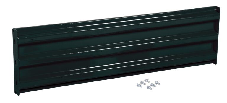 A dark green ridged metal panel, akin to a construction component, lies next to screws; its glossy finish and sturdy build echo the Vestil Bolt-On Style Guard Rail 5 Ft Black design.