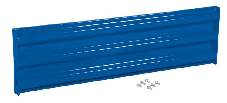 GR-F3R-BO-5-BU_A.jpg The Vestil Bolt-On Style Guard Rail 5 Ft Blue showcases a rectangular, ribbed blue metal wall panel set against a white background, with six small screws neatly arranged below.