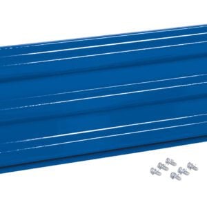 The Vestil Bolt-On Style Guard Rail 5 Ft Blue showcases a rectangular, ribbed blue metal wall panel set against a white background, with six small screws neatly arranged below.