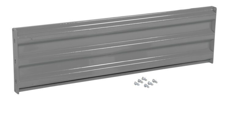 The Vestil Bolt-On Style Guard Rail 5 Ft Gray Semi Gloss features gray metal panels with horizontal ridges and a set of screws beneath. Its semi-gloss finish is striking against a plain white background, providing durability and aesthetic appeal.