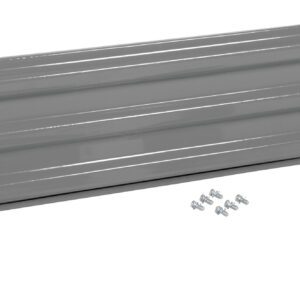The Vestil Bolt-On Style Guard Rail 5 Ft Gray Semi Gloss features gray metal panels with horizontal ridges and a set of screws beneath. Its semi-gloss finish is striking against a plain white background, providing durability and aesthetic appeal.