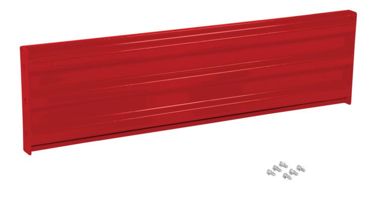 A red metal tool storage panel with horizontal grooves, similar to the Vestil Bolt-On Style Guard Rail 5 Ft Red, is set against a white background with small silver screws nearby for installation.