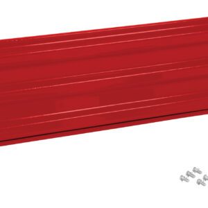 A red metal tool storage panel with horizontal grooves, similar to the Vestil Bolt-On Style Guard Rail 5 Ft Red, is set against a white background with small silver screws nearby for installation.