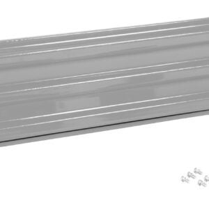 The Vestil Bolt-On Style Guard Rail, 5 Ft Silver, is a gray metal strip with horizontal ridges, holes for mounting at the ends, and comes with screws. Its likely used as part of a larger structure for support or reinforcement.