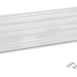 A horizontal long white metal shelf bracket is displayed against a white background, accompanied by eight small screws in two rows. A note below cites the Vestil Bolt-On Style Guard Rail 5 Ft White as its design inspiration.