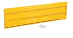 A Vestil Bolt-On Style Guard Rail 5 Ft Yellow is showcased with a horizontal ribbed design, accompanied by seven small silver bolts in two neat rows on a plain white background.