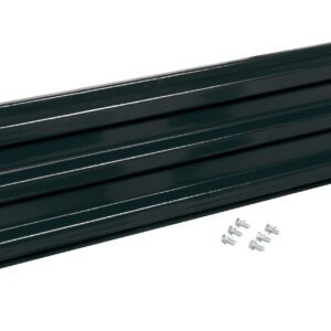 A dark green metal shelf bracket with three horizontal grooves and six silver screws in two rows mirrors the sturdy build of Vestils bolt-on guard rail design.