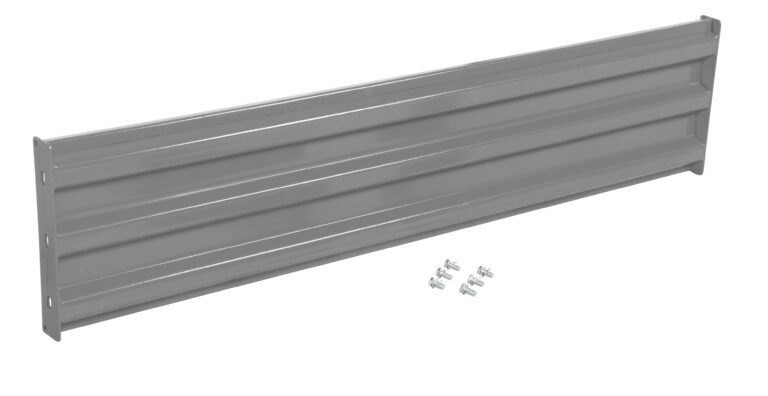 A long, rectangular gray metal bracket with horizontal ridges and perforated ends resembles the Vestil Bolt-On Style Guard Rail 6 Ft Gray Semi Gloss. Its semi-gloss finish and six neatly placed screws in front complete the durable look.