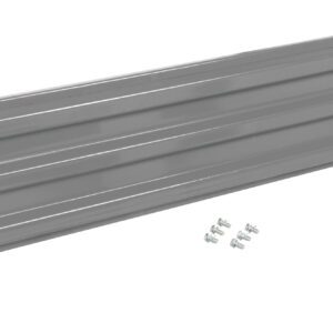 A long, rectangular gray metal bracket with horizontal ridges and perforated ends resembles the Vestil Bolt-On Style Guard Rail 6 Ft Gray Semi Gloss. Its semi-gloss finish and six neatly placed screws in front complete the durable look.