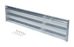 The Vestil Bolt-On Style Guard Rail 6 Ft Galvanized features a corrugated metallic design with a shiny surface and includes bolts and washers, all displayed on a white background.