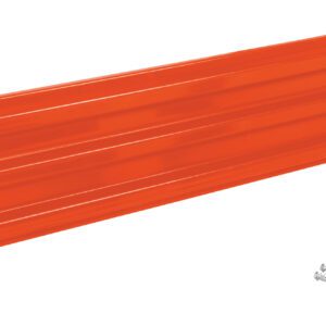 The Vestil Bolt-On Style Guard Rail 6 Ft Orange, with its ribbed design, is shown frontally against a white background. Six screws accompany the striking guard rail, ready for assembly.