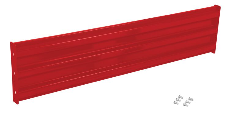 The Vestil Bolt-On Style Guard Rail 6 Ft Red includes a red metal panel with horizontal grooves and multiple mounting holes on each end, accompanied by six strategically placed metal screws on a white background for secure installation.