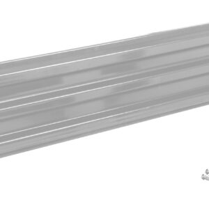 The Vestil Bolt-On Style Guard Rail 6 Ft Silver is displayed as a long, rectangular panel with ridges and four corner holes. Eight small screws lie beside it on the right, all set against a plain white background.