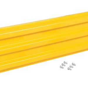 A Vestil Bolt-On Style Guard Rail 6 Ft Yellow features a corrugated design and lies horizontally on a white background with six metal bolts arranged in two rows of three below it.