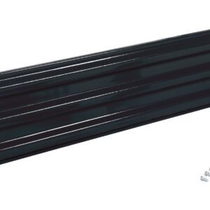 A long, black, rectangular metal panel with ribbed texture is angled to resemble the Vestil Bolt-On Style Guard Rail 7 Ft Black. Six small screws are beside it on the right, against a plain white background.