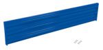The Vestil Bolt-On Style Guard Rail 7 Ft Blue, a long metal panel with horizontal grooves, is set against a white background with six screws beside it.