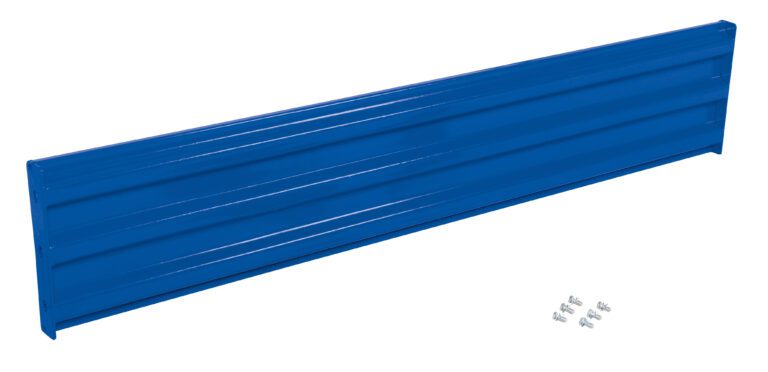 The Vestil Bolt-On Style Guard Rail 7 Ft Blue, a long metal panel with horizontal grooves, is set against a white background with six screws beside it.