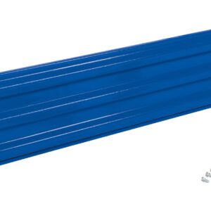 The Vestil Bolt-On Style Guard Rail 7 Ft Blue, a long metal panel with horizontal grooves, is set against a white background with six screws beside it.