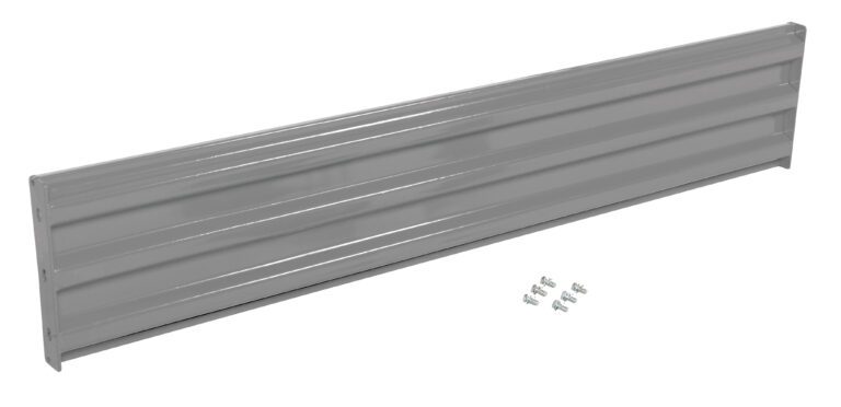 GR-F3R-BO-7-GYSG_A.jpg A metallic gray, ribbed rectangular shelf resembles the Vestil Bolt-On Style Guard Rail 7 Ft Gray Semi Gloss. It comes with six screws for easy mounting, all set against a plain white background.