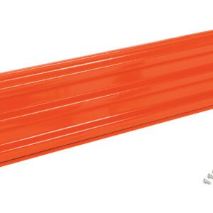 A wall-mounted tool rack, crafted from orange metal with grooves and a design reminiscent of the sturdy Vestil Bolt-On Style Guard Rail 7 Ft Orange, is displayed with four small screws for installation.