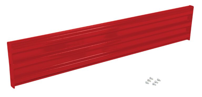 GR-F3R-BO-7-RD_A.jpg The Vestil Bolt-On Style Guard Rail 7 Ft Red includes a long, ribbed metal bracket in a vibrant red color and comes with six small screws for secure installation.